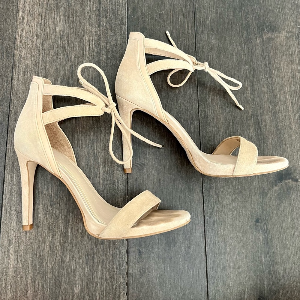 Gianni Bini Open-Toe Suede and Leather Heels with Ankle Tie Detail